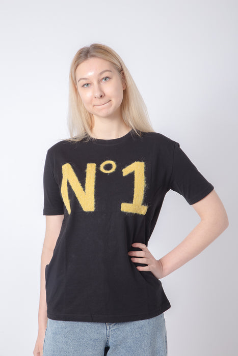 Black T-Shirt with yellow lettering embroidery